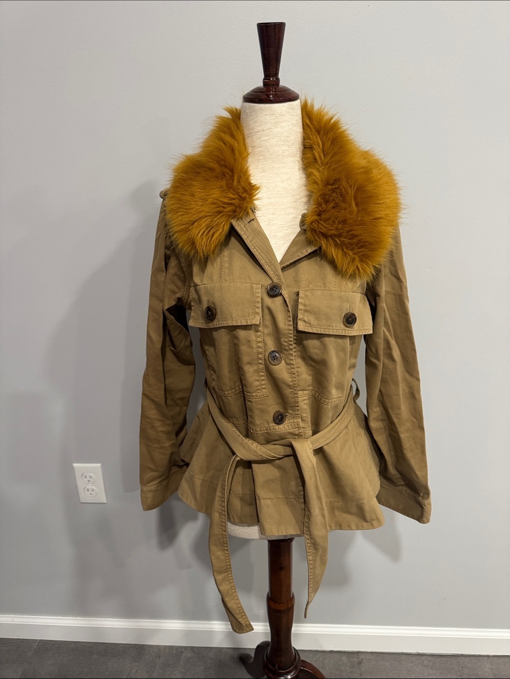 J.Crew Women's Khaki Utility Jacket with Mustard Faux Fur Collar Small